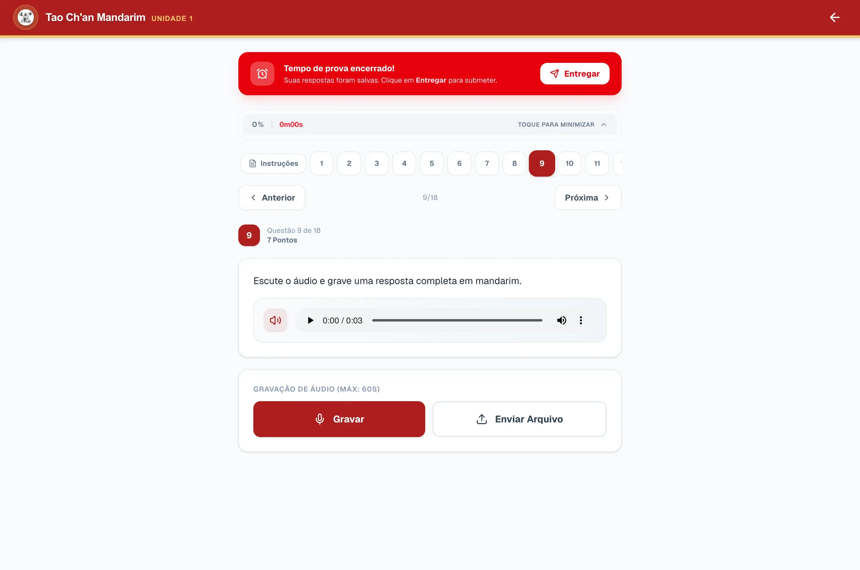Motor de provas e exercícios com captura de áudio ao vivo e envio de respostas faladas.